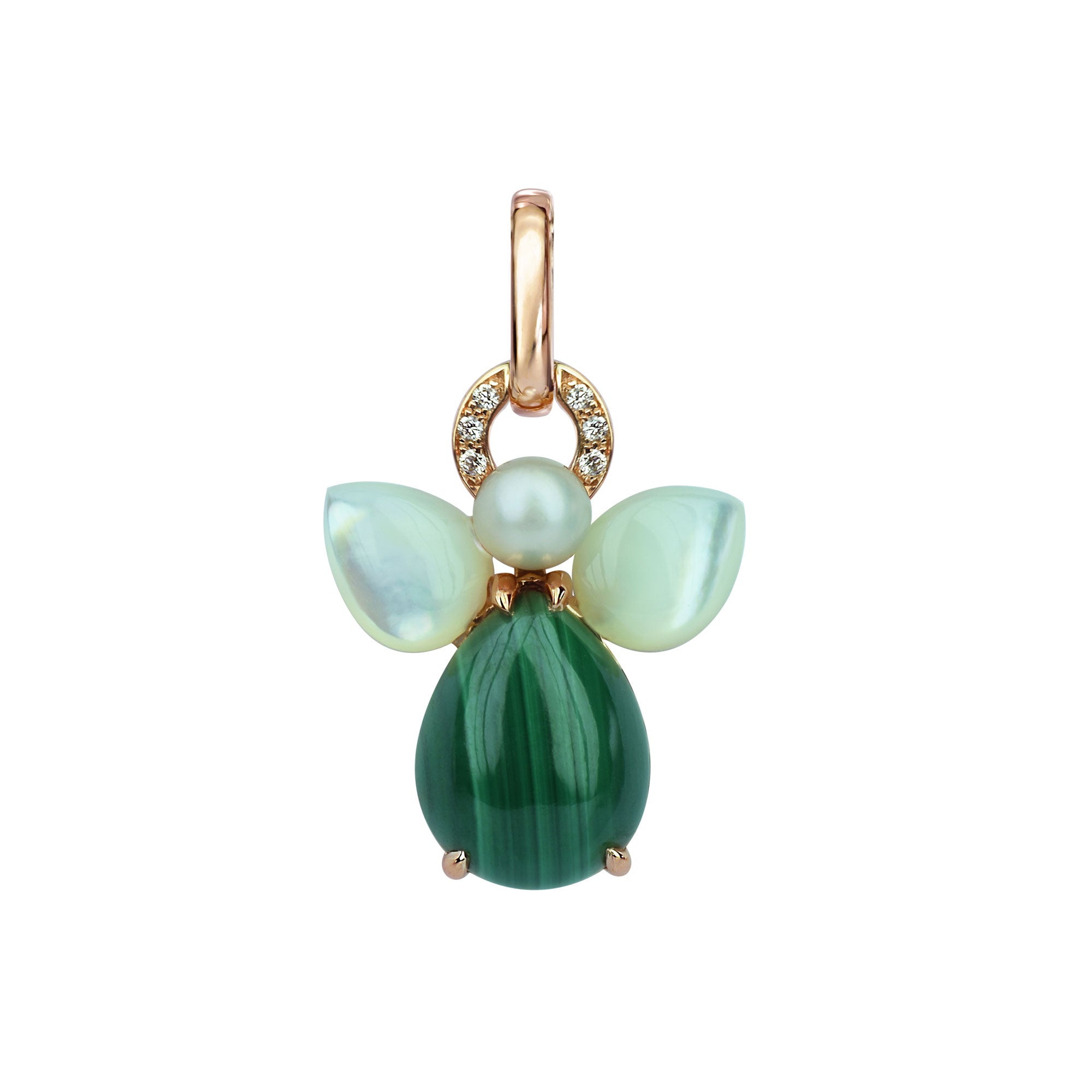 Pendentif Ange Caliel or rose diamants malachite