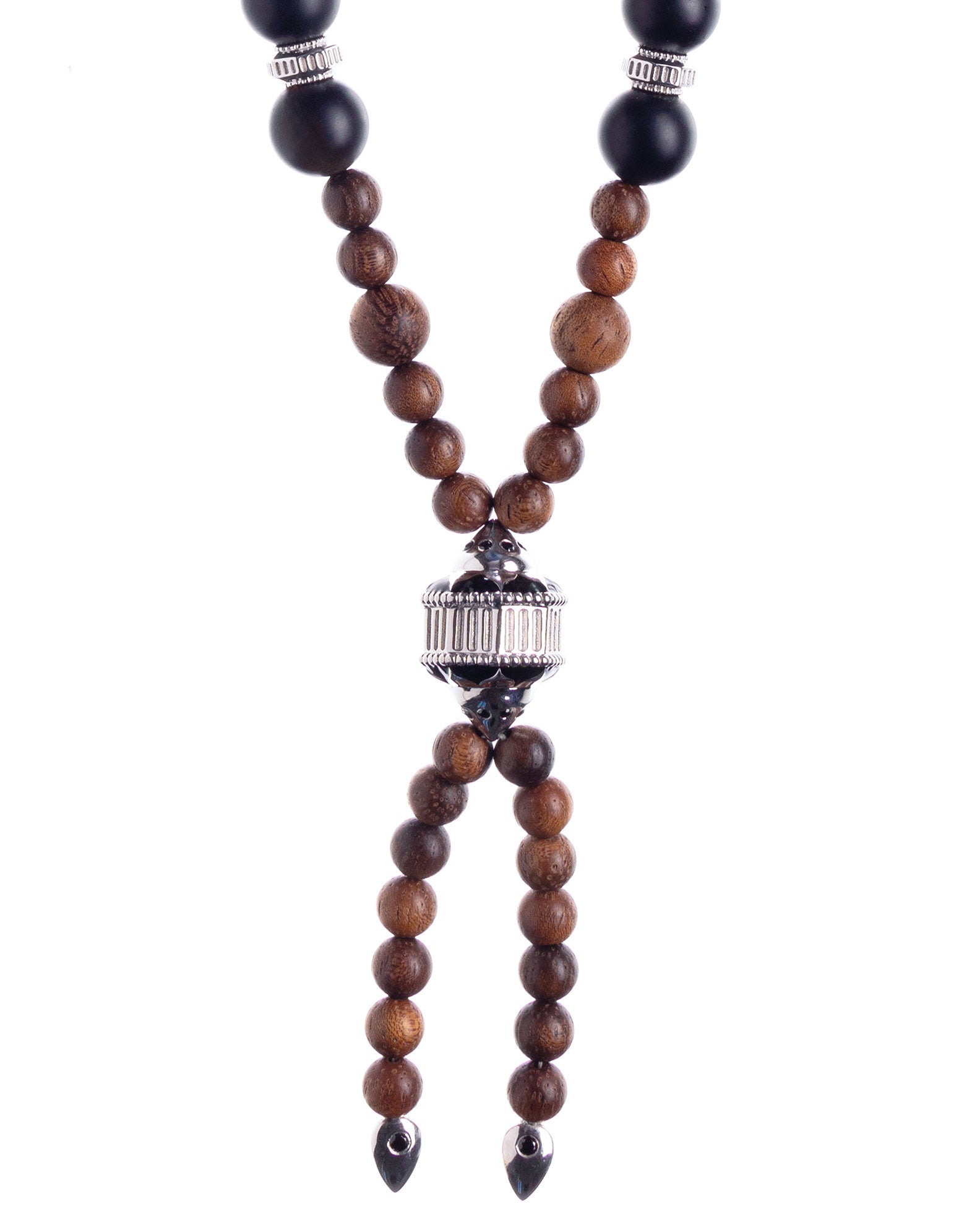 Sautoir Mala argent, onyx mat, émail, spinelles noirs et bois