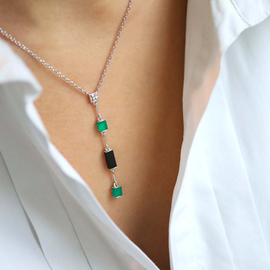 Collier Louisette argent, onyx noir et vert